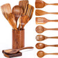 Wooden kitchenware set with teak long handle spoon, wooden colander, and non-stick spatula from WoodyKitchenware.