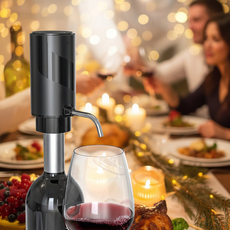 WoodyKitchenware electric wine aerator and decanter pump dispenser with one-touch operation for effortless wine aeration and pouring.