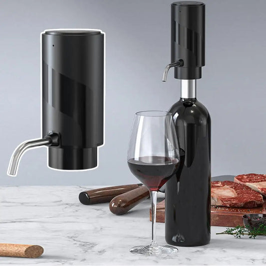 Electric wine aerator and decanter pump dispenser by WoodyKitchenware with one-touch operation for effortless wine aeration.