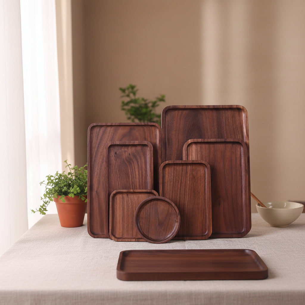 Japanese style black walnut wooden dinner plate by WoodyKitchenware, rectangular shape, elegant and durable, 12cm diameter.