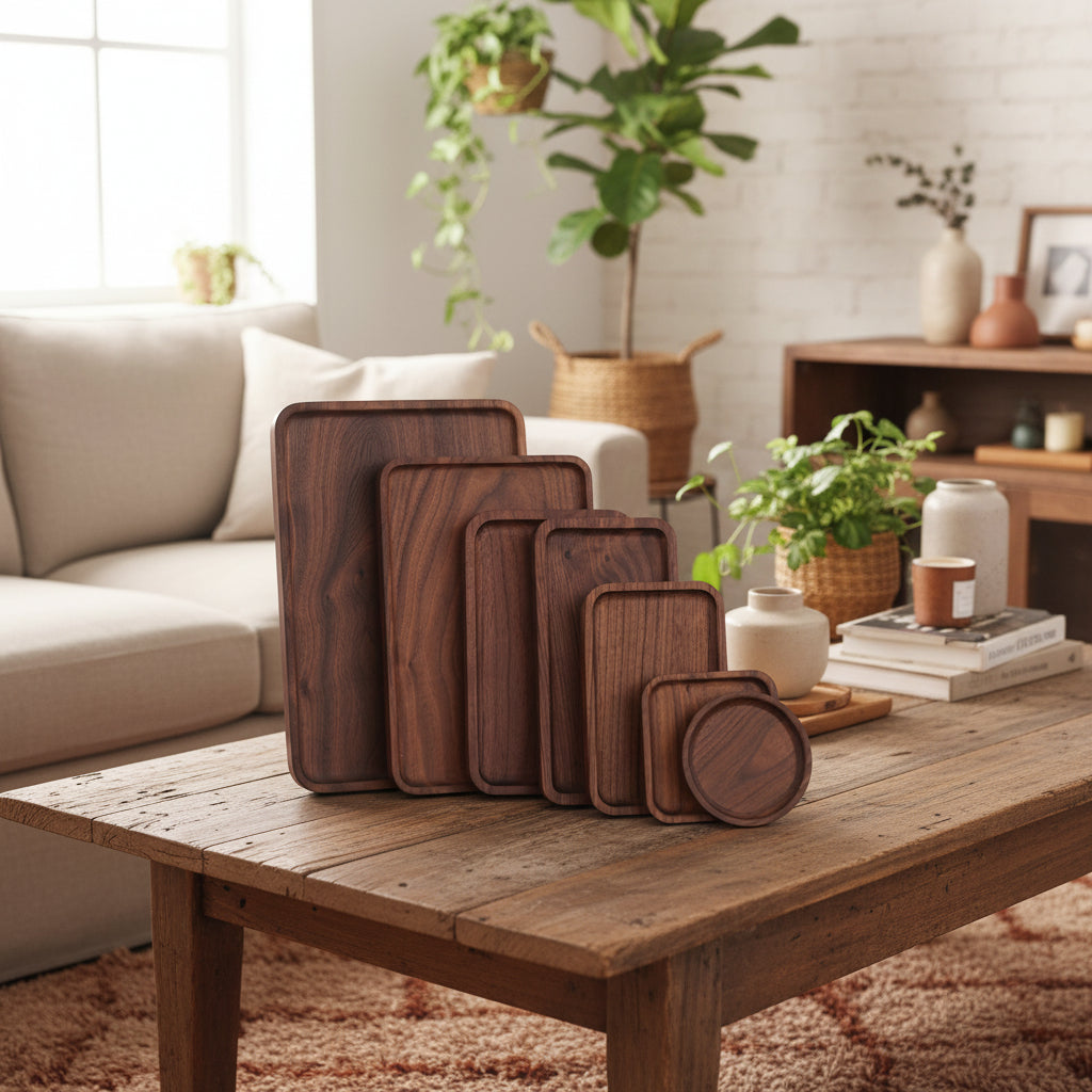 Japanese-style black walnut wooden dinner plate from WoodyKitchenware, rectangular shape with a smooth, polished finish.