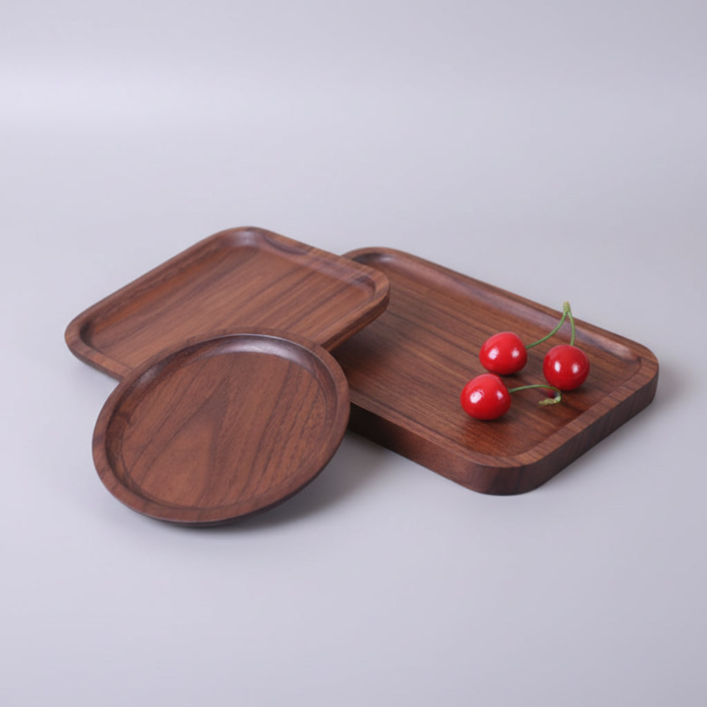 Wooden Japanese-style rectangular dinner plate in black walnut, durable and elegant, crafted by WoodyKitchenware.