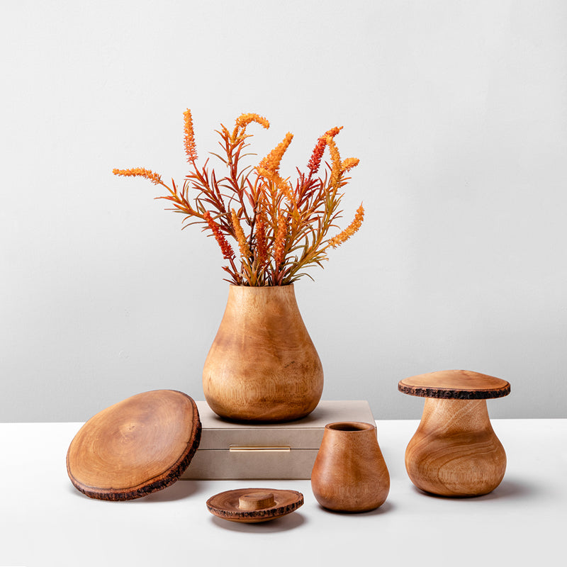 Solid timber mushroom wood ornament and vase set by WoodyKitchenware, featuring natural wood grain and mushroom shape.