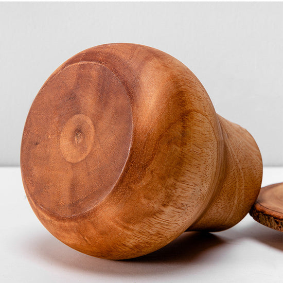 Set of WoodyKitchenware mushroom wood ornaments, natural solid timber vases with carved mushroom design, handcrafted by WoodyKitchenware.