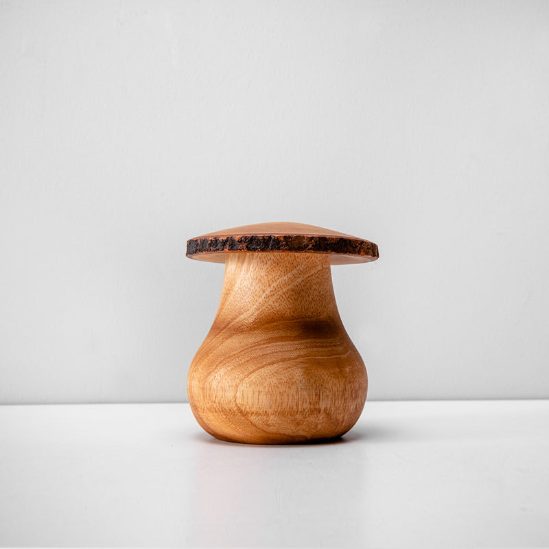 Solid timber mushroom wood ornament by WoodyKitchenware, featuring natural wood grain and unique mushroom-shaped design.