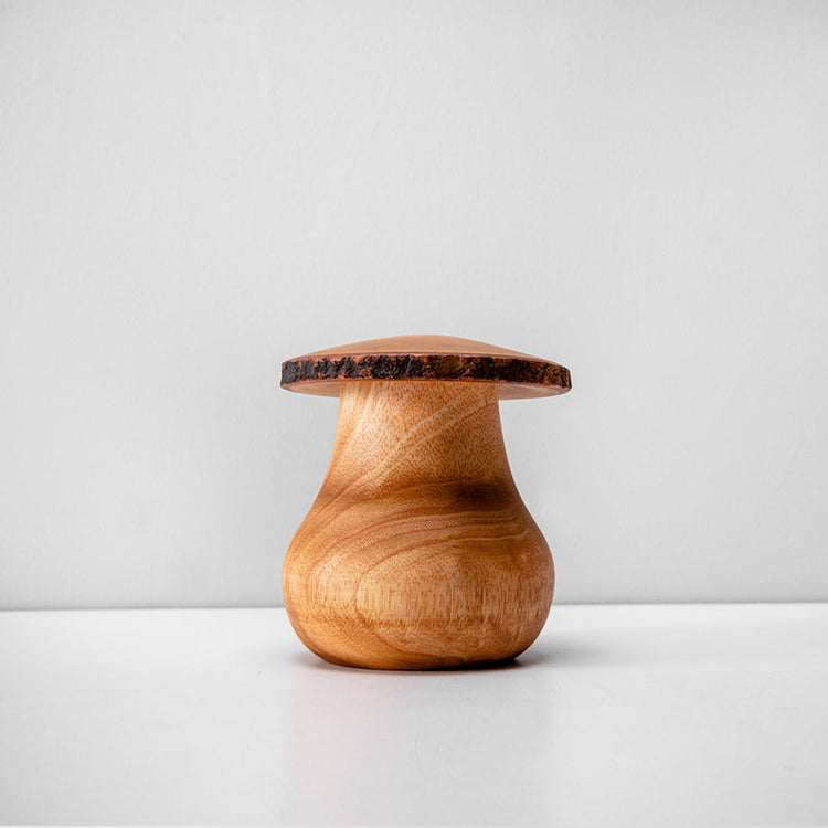 Solid timber mushroom wood ornament by WoodyKitchenware, featuring natural wood grain and unique mushroom-shaped design.