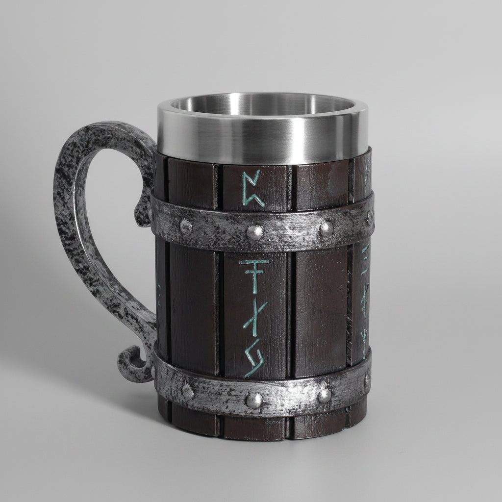 Painted resin beer mug with runic design by WoodyKitchenware, featuring a solid resin tankard for beer drinking.