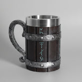 Painted resin beer mug with runic design by WoodyKitchenware, featuring a solid resin tankard for beer drinking.