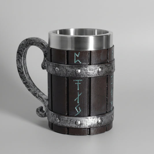 Painted resin beer mug with runic design by WoodyKitchenware, featuring a solid resin tankard for beer drinking.