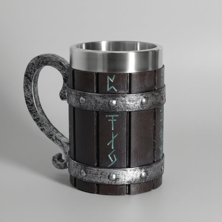 Painted resin beer mug with runic design by WoodyKitchenware, featuring a solid resin tankard for beer drinking.