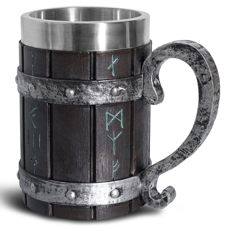 Painted resin beer mug featuring runic designs from WoodyKitchenware, a solid tankard perfect for beer drinking.