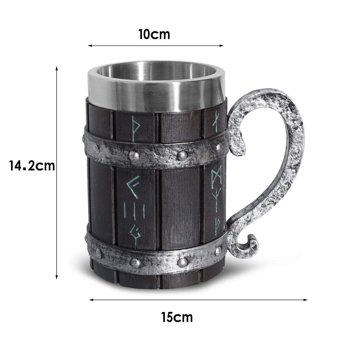 Painted resin beer mug with runic design, by WoodyKitchenware, features a solid tankard style for beer drinking.