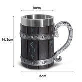 Painted resin beer mug with runic design, by WoodyKitchenware, features a solid tankard style for beer drinking.