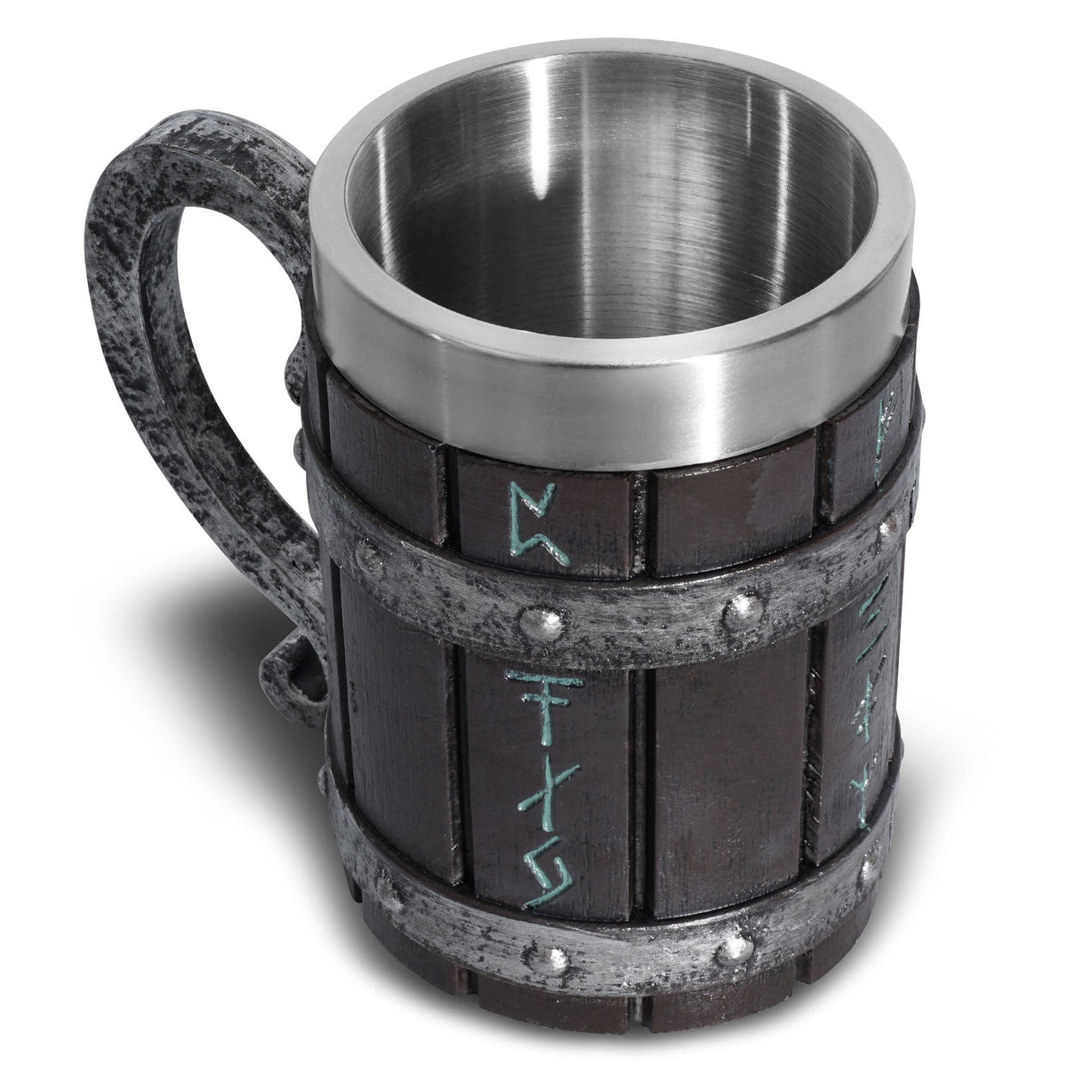 Painted resin beer mug by WoodyKitchenware featuring runic symbols, sturdy handle, and detailed craftsmanship for beer drinking.