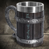 Painted resin beer mug by WoodyKitchenware featuring runic designs, a sturdy tankard ideal for beer drinking or display.