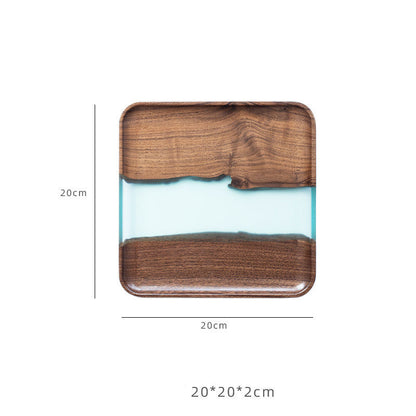 Black walnut river solid timber tea tray by WoodyKitchenware, showcasing a smooth, polished black walnut surface with raised edges.