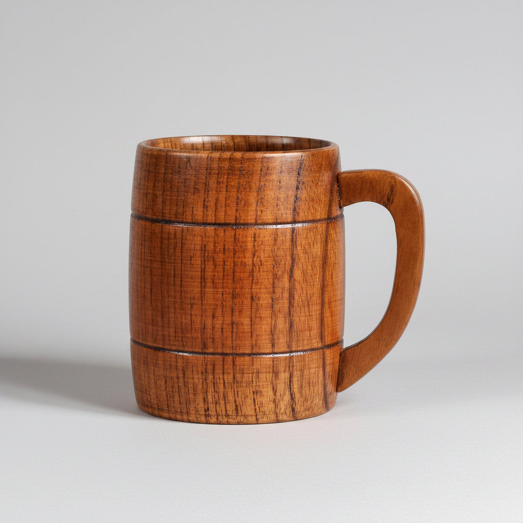 Hand-carved traditional wooden tankard from WoodyKitchenware, featuring detailed craftsmanship and a rustic finish.