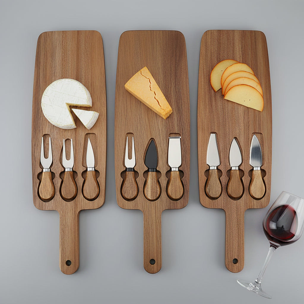 Wooden cheese plate and knife set by WoodyKitchenware featuring an elegant serving board with cheese and knife accessories.