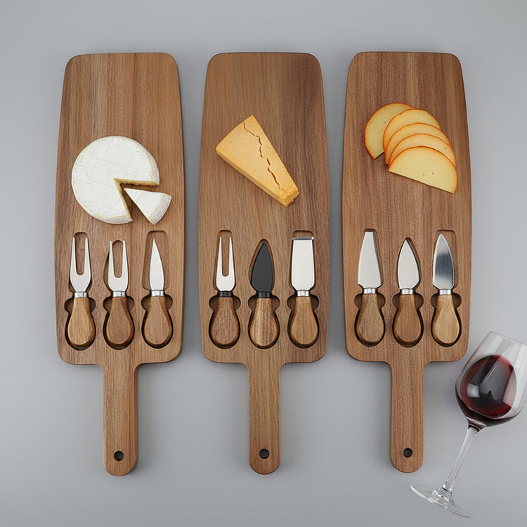 Wooden cheese plate and knife set by WoodyKitchenware featuring an elegant serving board with cheese and knife accessories.