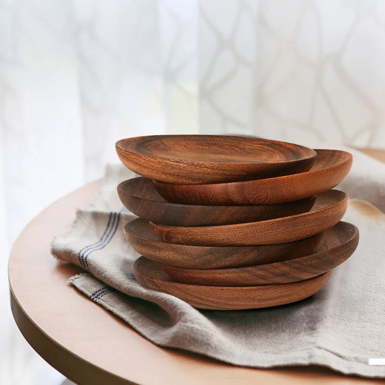 Unfinished acacia solid wood round plates by WoodyKitchenware, natural wood color, 25x2cm, raw wooden dishware.