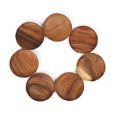 Unfinished acacia solid wood round plates by WoodyKitchenware, showcasing natural wood grain and smooth, unpolished surface.