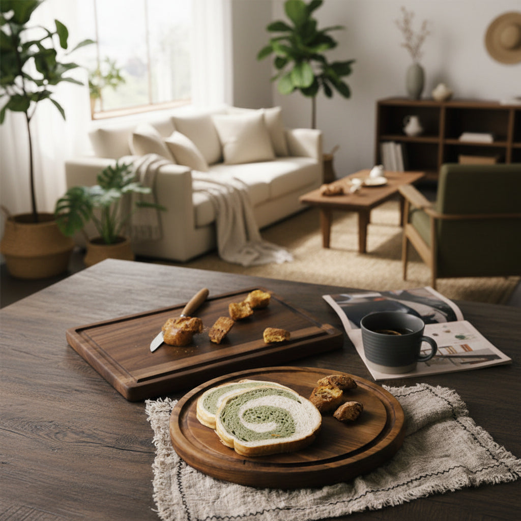 Round black walnut wood cutting board by WoodyKitchenware, featuring a smooth surface perfect for kitchen prep and serving.
