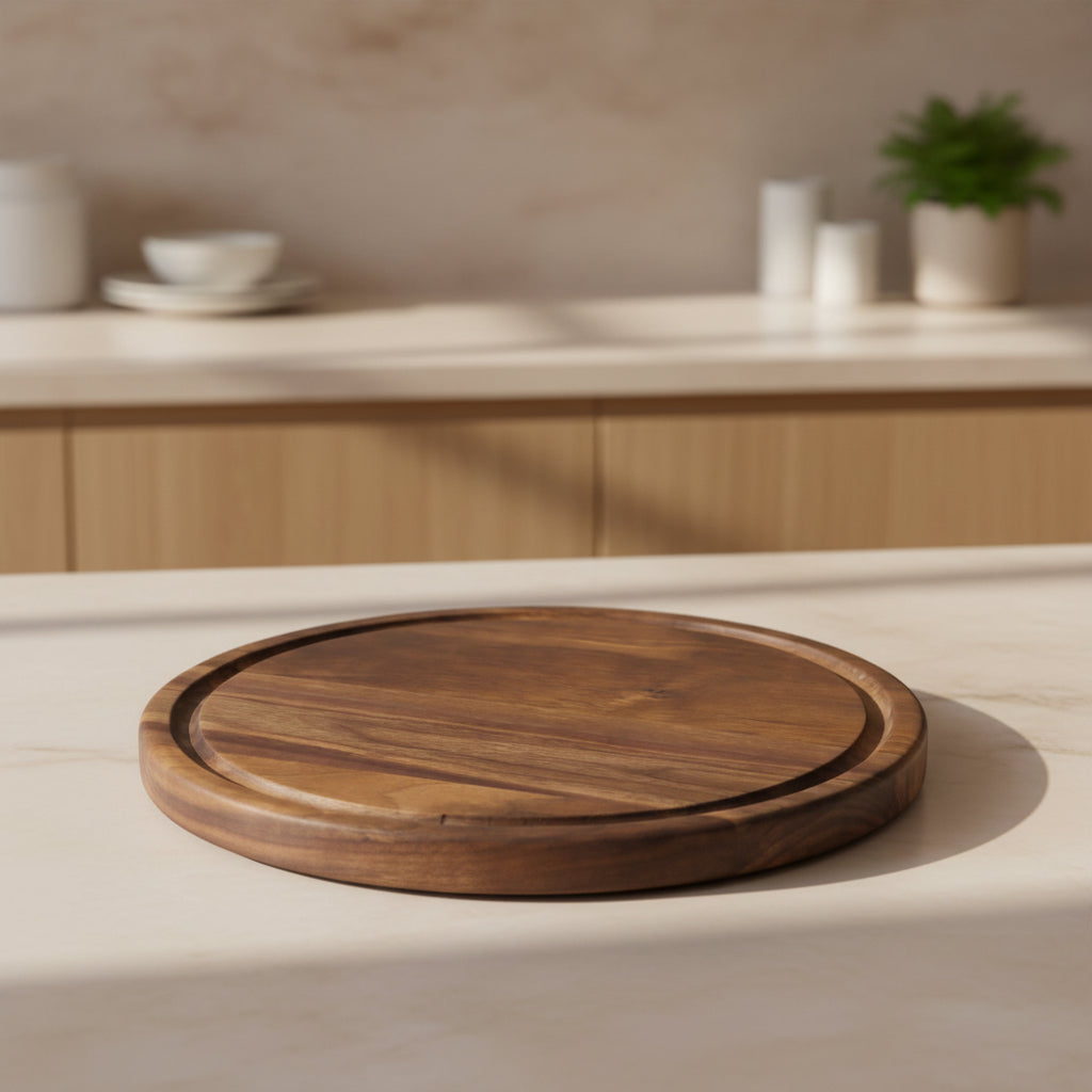 Round black walnut wood cutting board by WoodyKitchenware, showcasing a smooth surface ideal for kitchen prep and serving.