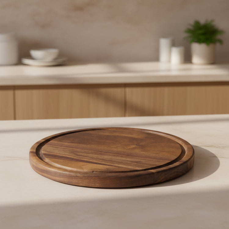 Round black walnut wood cutting board by WoodyKitchenware, showcasing a smooth surface ideal for kitchen prep and serving.