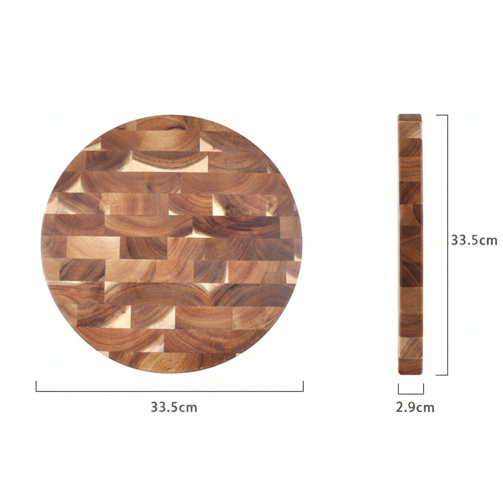 Round solid wood splicing cutting board by WoodyKitchenware, showcasing natural wood grain and craftsmanship for kitchen use.