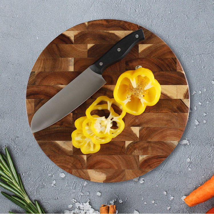 Round solid wood splicing cutting board by WoodyKitchenware, showcasing natural wood grain and craftsmanship for kitchen use.