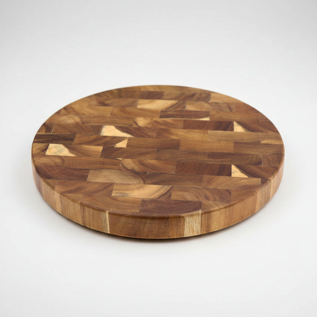 Round solid wood splicing cutting board by WoodyKitchenware, showcasing natural wood grain and craftsmanship for kitchen use.