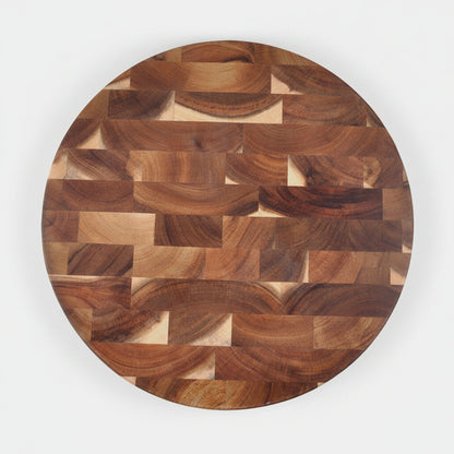 Round solid wood splicing cutting board by WoodyKitchenware, showcasing natural wood grains and craftsmanship for kitchen use.
