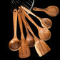 Wooden kitchen utensils set including spoon, ladle, turner, rice colander, and soup skimmer made of natural teak wood by Woody&