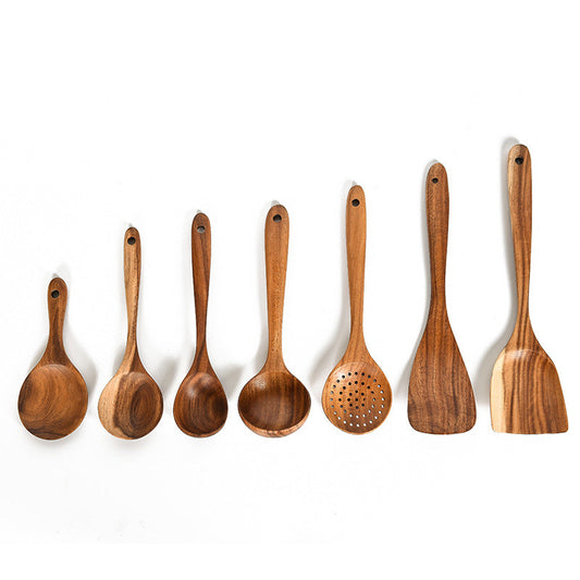 Natural teak wood spoon and ladle set with rice colander and soup skimmer, WoodyKitchenware kitchen cooking tools.