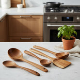 WoodyKitchenware teak natural wood spoon, ladle, turner, rice colander, and soup skimmer set for cooking and serving.