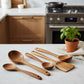WoodyKitchenware teak natural wood spoon, ladle, turner, rice colander, and soup skimmer set for cooking and serving.