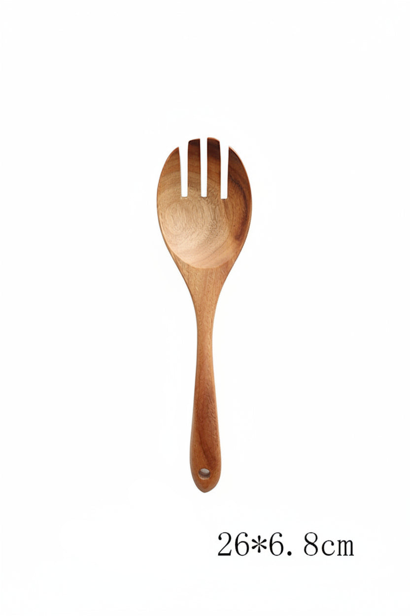 WoodyKitchenware teak wood spoon, ladle, turner, rice colander, soup skimmer, and cooking tools set for kitchen use.