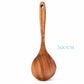 Wooden kitchen utensil set with teak spoons, ladles, turners, rice colander, and soup skimmer from Woody&