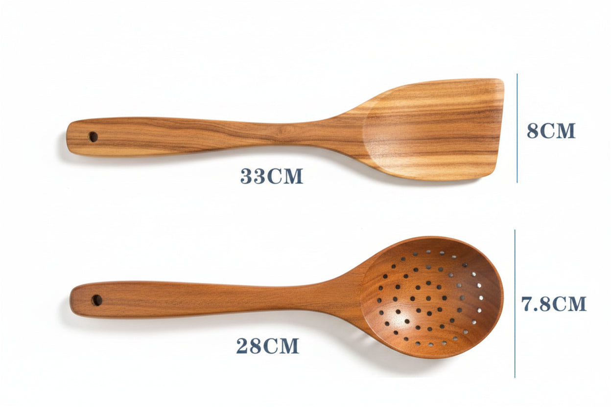 Wooden kitchen utensil set including spoon, ladle, turner, rice colander, and soup skimmer made from natural teak wood by Woody's Rituals