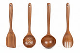 Wooden kitchen utensil set including spoon, ladle, turner, rice colander, and soup skimmer made from natural teak wood.