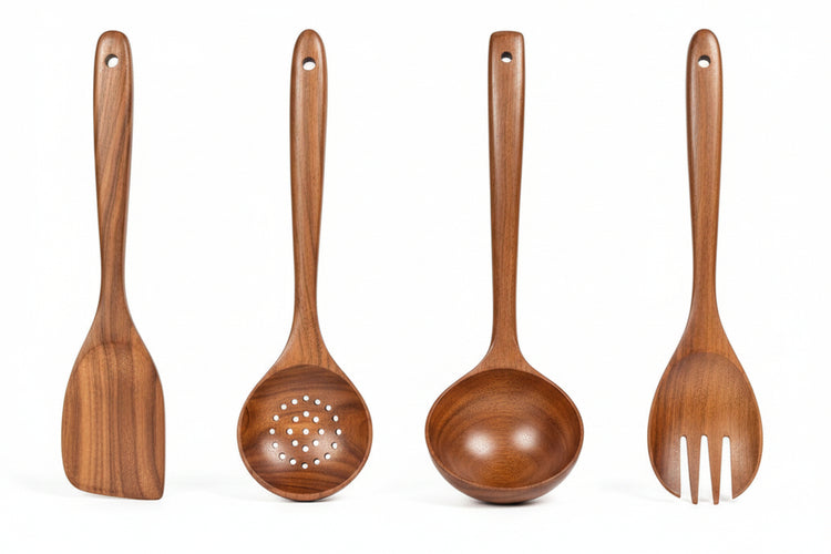 Wooden kitchen utensil set including spoon, ladle, turner, rice colander, and soup skimmer made from natural teak wood.
