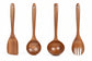 Wooden kitchen utensil set including spoon, ladle, turner, rice colander, and soup skimmer made from natural teak wood.