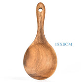Wooden teak kitchen utensil set with spoon, ladle, turner, rice colander, and soup skimmer from Woody&