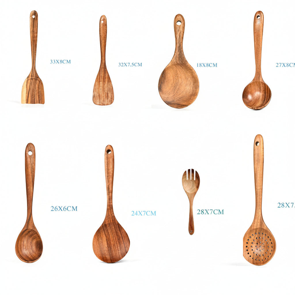 Set of teak natural wood kitchen utensils including spoons, ladles, turners, rice colander, and soup skimmer from Woody's Rituals.