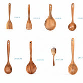 Set of teak natural wood kitchen utensils including spoons, ladles, turners, rice colander, and soup skimmer from Woody&
