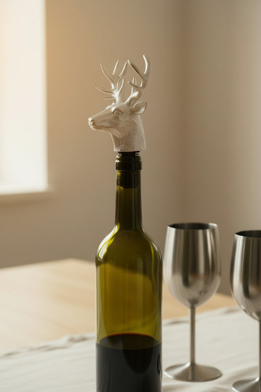 Silver wine pourer and stopper with a deer stag head design by Woody's Rituals, perfect for wine serving accessories.