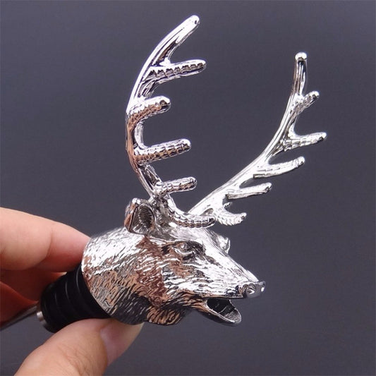 Silver wine pourer and stopper with a deer stag head design by WoodyKitchenware, made by WoodyKitchenware.