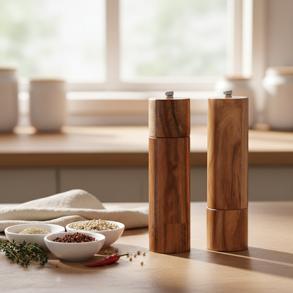 Cylindrical acacia wood pepper grinder with ceramic core from WoodyKitchenware, featuring a sleek and reliable design by WoodyKitchenware.