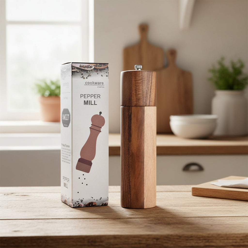Cylindrical acacia wood pepper grinder with ceramic core from WoodyKitchenware, sleek design, reliable kitchen tool.