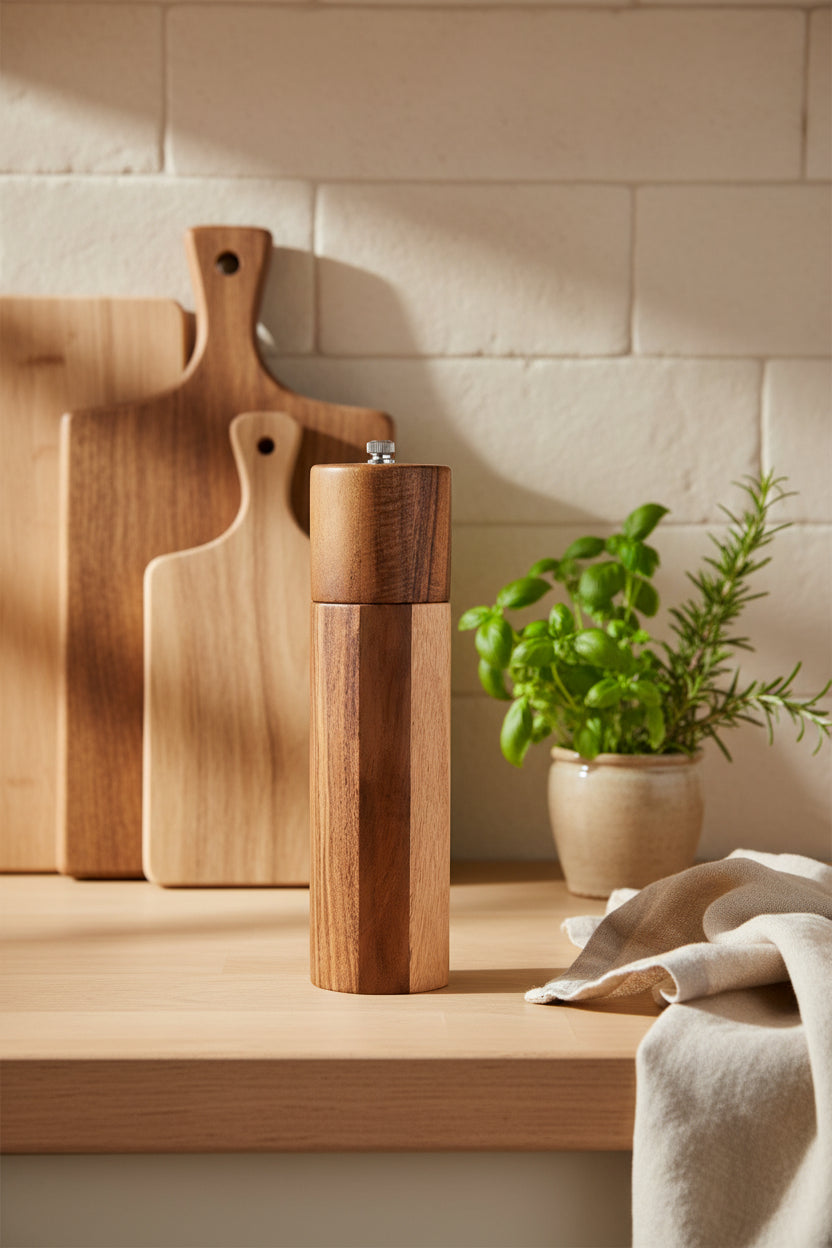 Cylindrical acacia wood pepper grinder with ceramic core from WoodyKitchenware, sleek and reliable kitchen spice tool.